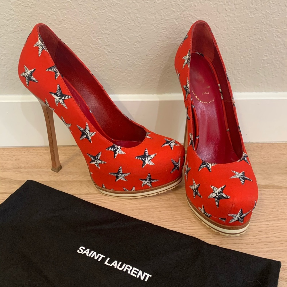 YSL red blue stars heels pumps shoes sz 39 US 9
